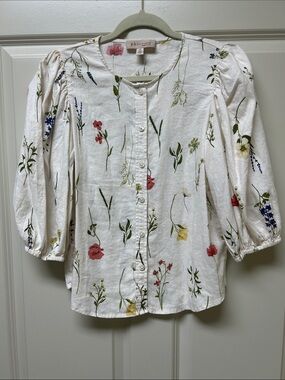 Philosophy White Floral Button-Down Puff Sleeve Blouse